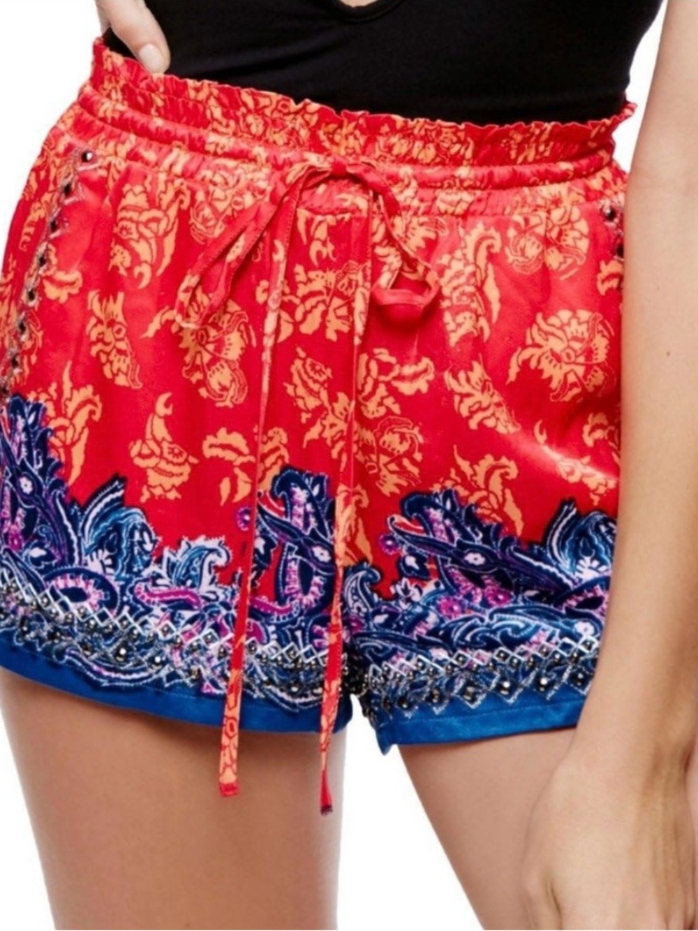 Free People San Paolo Embellished Paisley Drawstring Shorts size Xsmall